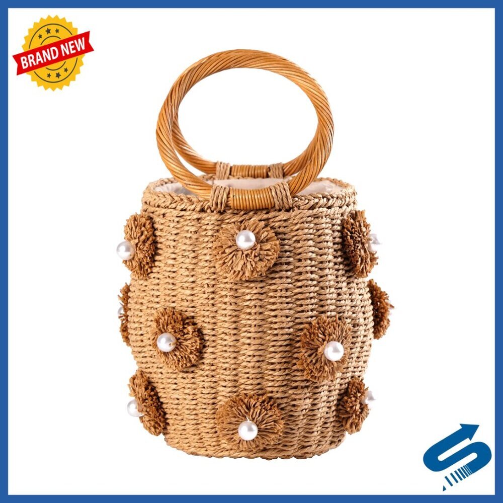 Straw Tote Bag with Pearl Flower Embellishment Rattan Handle Beach Bucket Purse